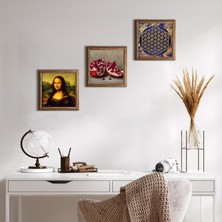 Pinecone Stone Yaşam Çiçeği, Leonardo da Vinci Mona Lisa, Nar Ahşap Çerçeveli Taş Duvar Tablosu 3’lü Set – 25x25 cm Dekoratif Modern Sanat – Ev ve Ofis Dekoru |W3-1421|
