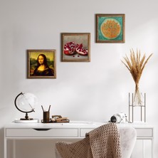 Pinecone Stone Lotus Çiçeği, Leonardo da Vinci Mona Lisa, Nar Ahşap Çerçeveli Taş Duvar Tablosu 3’lü Set – 25x25 cm Dekoratif Modern Sanat – Ev ve Ofis Dekoru |W3-1429|