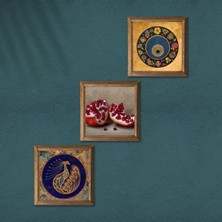 Pinecone Tavus Kuşu, Nazar Boncuğu, Nar Taş Duvar Tablosu Ahşap Çerçeveli Duvar Dekoru 3 Parça Tablo Seti Wall Art W3-1607