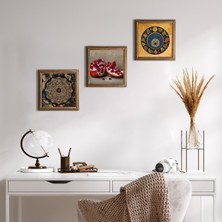 Pinecone Stone Sri Yantra, Nazar Boncuğu, Nar Ahşap Çerçeveli Taş Duvar Tablosu 3’lü Set – 25x25 cm Dekoratif Modern Sanat – Ev ve Ofis Dekoru |W3-1610|