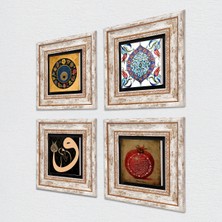 Pinecone Vav, Nazar, Bereket Duası, Çini Sanatı Taş Duvar Tablosu Çerçeveli Duvar Dekoru 4 Parça Tablo Seti Wall Art T4-218