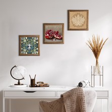 Pinecone Hayat Ağacı, Lotus Çiçeği, Nar Taş Duvar Tablosu Ahşap Çerçeveli Duvar Dekoru 3 Parça Tablo Seti Wall Art W3-1647