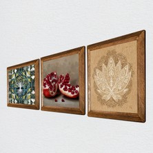 Pinecone Hayat Ağacı, Lotus Çiçeği, Nar Taş Duvar Tablosu Ahşap Çerçeveli Duvar Dekoru 3 Parça Tablo Seti Wall Art W3-1647