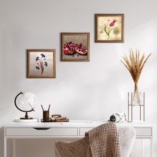 Pinecone Ebru Sanatı, Lale, Nar Taş Duvar Tablosu Ahşap Çerçeveli Duvar Dekoru 3 Parça Tablo Seti Wall Art W3-1636
