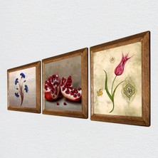 Pinecone Ebru Sanatı, Lale, Nar Taş Duvar Tablosu Ahşap Çerçeveli Duvar Dekoru 3 Parça Tablo Seti Wall Art W3-1636