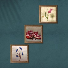 Pinecone Ebru Sanatı, Lale, Nar Taş Duvar Tablosu Ahşap Çerçeveli Duvar Dekoru 3 Parça Tablo Seti Wall Art W3-1636