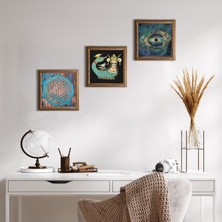 Pinecone Stone Nazar, Yaşam Çiçeği, Şahmeran Ahşap Çerçeveli Taş Duvar Tablosu 3’lü Set – 25x25 cm Dekoratif Modern Sanat – Ev ve Ofis Dekoru |W3-82|