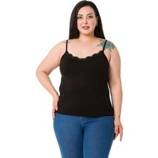 Disentis Modest Büyük Beden Ip Askılı Dantelli Viskon Siyah Bluz