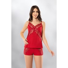 Lumenia 2 Parça Kırmızı Renk Atlet Şort Dantelli Fantezi Kadın Gecelik Takımı