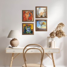 Pinecone Stone Salvador Dalí, Picasso Ahşap Çerçeveli Taş Duvar Tablosu 4’lü Set – 25x25 cm Dekoratif Modern Sanat – Ev ve Ofis Dekoru |W4-691|
