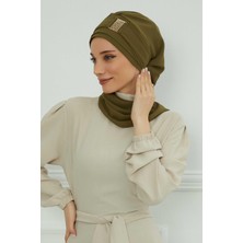 Aisha's Design Dekolte Kapatabilen Gold Aksesuarlı Şifon Hazır Türban,Haki Yeşil,HT-11