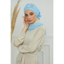 Aisha's Design Dekolte Kapatabilen Gold Aksesuarlı Şifon Hazır Türban,Bebe Mavisi,HT-11