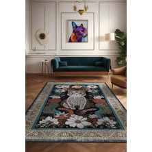 Homshtag Nuh'un Gemisi Koleksiyonu Kedi, Çiçek Desenli Art Deco Tarzı Vintage Halı,Çok Renkli Maksimalist Halı