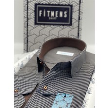 Fitmens Klasik Uzun Kol Lacivert Kahve Çizgili Erkek Gömlek Lacivert