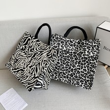 Balıksırtı Vintage Kadınlar Tuval Dalga Balıksırtı Omuz Alışveriş Çantası Rahat Bayanlar Büyük Kapasiteli Leopar Zebra Desen Tote Çanta (Yurt Dışından)