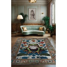 Homshtag Nuh'un Gemisi Koleksiyonu Kurbağa, Çiçek Desenli Art Deco Tarzı Vintage Halı,Çok Renkli Maksimalist Halı
