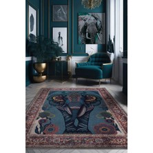 Homshtag Nuh'un Gemisi Koleksiyonu Fil, Çiçek Desenli Art Deco Tarzı Vintage Halı,Çok Renkli Maksimalist Halı