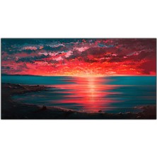 Tablo Dekor Mavi Deniz ve Kırmızı Gökyüzü Ile Çift Yağlı Boya Dokulu Tablo