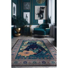 Homshtag Nuh'un Gemisi Koleksiyonu Panter, Çiçek Desenli Art Deco Tarzı Vintage Halı,Çok Renkli Maksimalist Halı