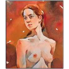 Tablo Dekor Kızıl Saçlı Kadın Nü Suluboya Görünümlü Kanvas Tablo