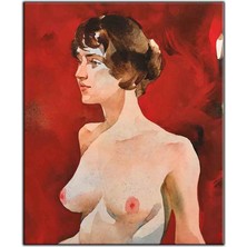 Tablo Dekor Sola Dönük Kahverengi Saçlı Kadın Nü Suluboy Görünümlü Kanvas Tablo