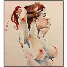 Tablo Dekor Saçlarını Düzelten Kadın Nü Suluboya Görünümlü Kanvas Tablo