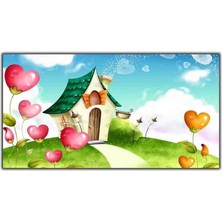 Tablo Dekor Kalpli Balonlar ve Yeşil Çatılı Küçük Ev Kanvas Tablo