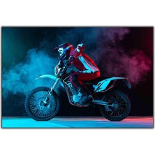 Tablo Dekor Mavi ve Kırmızı Dumanların Arasındaki Motocroscu Kanvas Tablo