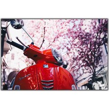 Tablo Dekor Kırmızı Vespa ve Lila Çiçekler Kanvas Tablo