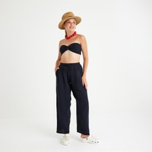 Miespiga %100 Pamuklu Dokuma Müslin Düğüm Crop Top Arkası Lastikli 2'li Pantolon Takım