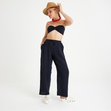 Miespiga %100 Pamuklu Dokuma Müslin Düğüm Crop Top Arkası Lastikli 2'li Pantolon Takım