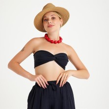 Miespiga %100 Pamuklu Dokuma Müslin Düğüm Crop Top Arkası Lastikli 2'li Pantolon Takım