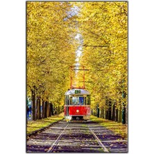 Tablo Dekor Sarı Ağaçlı Yoldaki Kırmızı Tren Kanvas Tablo