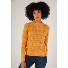 Trist Star Kadın Sarı Pon Pon Desenli Ajurlu Bisiklet Yaka %100 Pamuk Kazak TRIST-6153