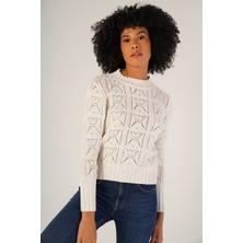 Trist Star Kadın Ekru Pon Pon Desenli Ajurlu Bisiklet Yaka %100 Pamuk Kazak TRIST-6153