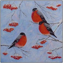 Tablo Dekor Dal ve Kırmızı Şişko Kuşlar Yağlı Boya Dokulu Tablo