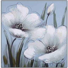 Tablo Dekor Beyaz Yapraklı Çiçekler Yağlı Boya Dokulu Tablo