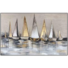 Tablo Dekor Altın ve Gümüş Varaklı Yelkenliler Yağlı Boya Dokulu Tablo