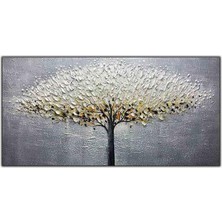 Tablo Dekor Beyaz Yapraklı Siyah Ağaç  Yoğun Yağlı Boya Dokulu Tablo