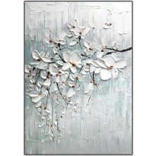 Tablo Dekor Dallarındaki Beyaz Çiçekler Yoğun Yağlı Boya Dokulu Tablo