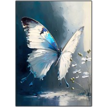 Tablo Dekor Beyaz Kelebek ve Çiçekler Yoğun Yağlı Boya Dokulu Tablo