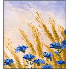 Tablo Dekor Mavi Çiçekler Yoğun Yağlı Boya Dokulu Tablo