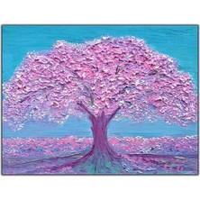 Tablo Dekor Pembe Çiçekli Ağaç Yoğun Yağlı Boya Dokulu Tablo
