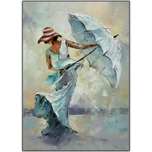 Tablo Dekor Beyaz Elbiseli ve Şemsiyeli Kadın Yağlı Boya Dokulu Tablo