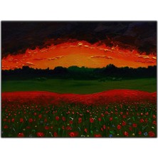 Tablo Dekor Gün Batımı ve Kırmızı Çiçekler Yoğun Yağlı Boya Dokulu Tablo