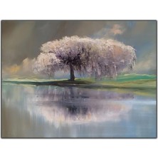 Tablo Dekor Yalnız Lila Ağaç ve Göl Yağlı Boya Dokulu Tablo