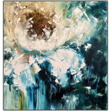 Tablo Dekor Beyaz Çiçek Yağlı Boya Dokulu Tablo