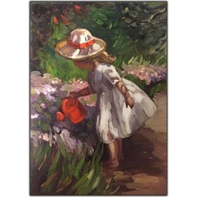 Tablo Dekor Pembe Çiçekleri Sulayan Kız Yoğun Yağlı Boya Dokulu Tablo