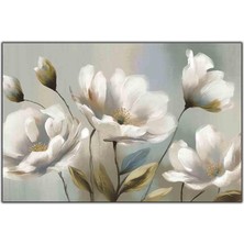 Tablo Dekor Beyaz Yapraklı Çiçekler Yağlı Boya Dokulu Tablo