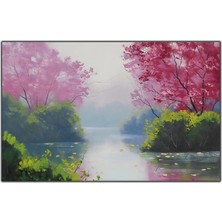 Tablo Dekor Göl ve Pembe Ağaçlar Yağlı Boya Dokulu Tablo